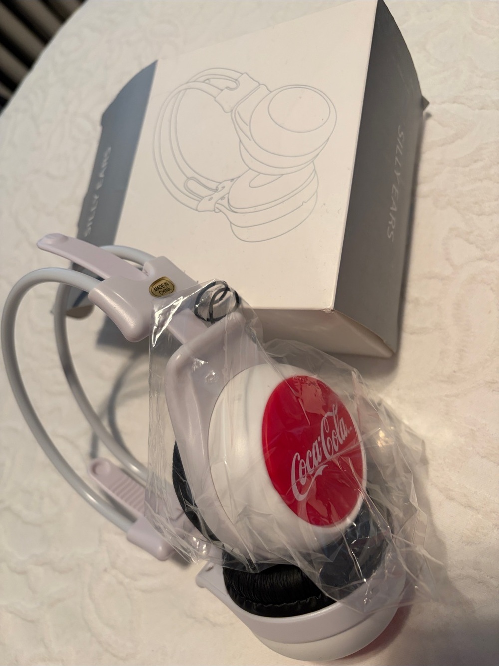 NWT Coca-Cola White Headphones with Red Logo and Black Ear Pads